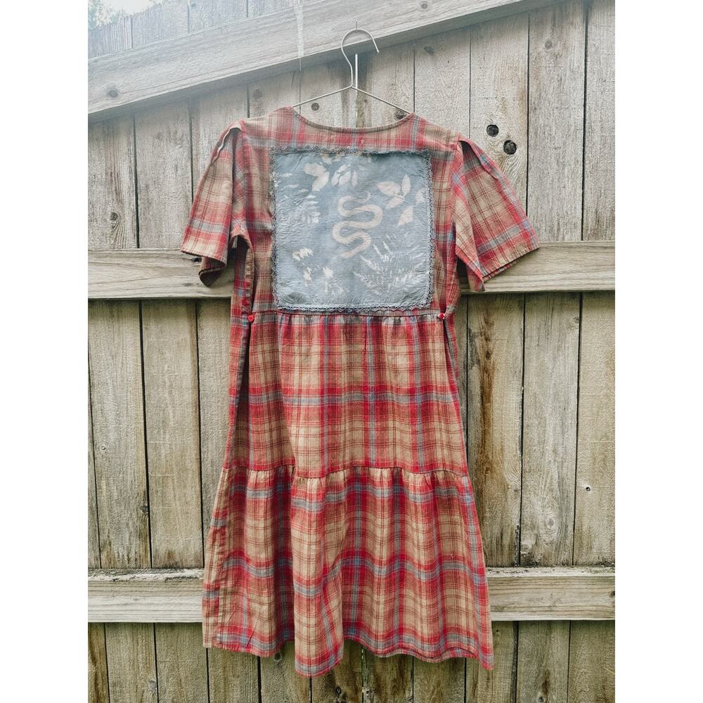 Upcycled Plaid Dress with Snake on Vintage Handkerchief | Cottagecore Dress